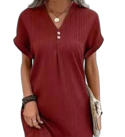 Effortless Pink Mini Dress for Women with V Neck Short Sleeve Button Front Flowing Casual Style