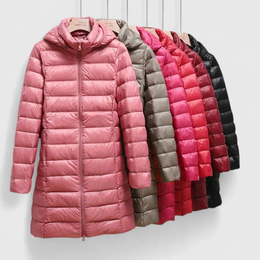 Effortless Pink Puffer Jacket for Women with High Neck Long Sleeve Quilted Casual Style