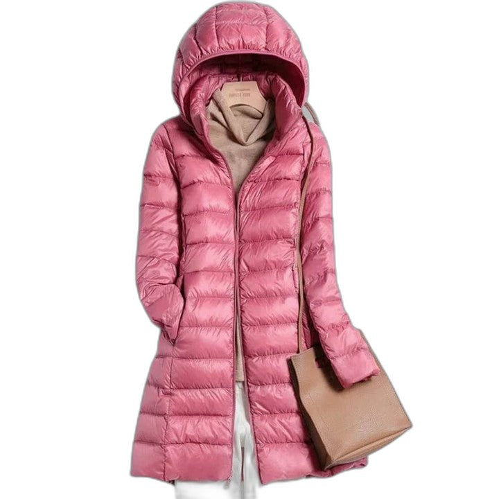 Effortless Pink Puffer Jacket for Women with High Neck Long Sleeve Quilted Casual Style