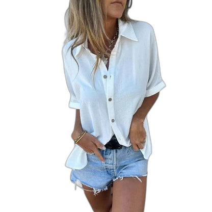 Effortless Pink Shirt for Women with Collared Short Sleeve Button Front Oversized Casual Style