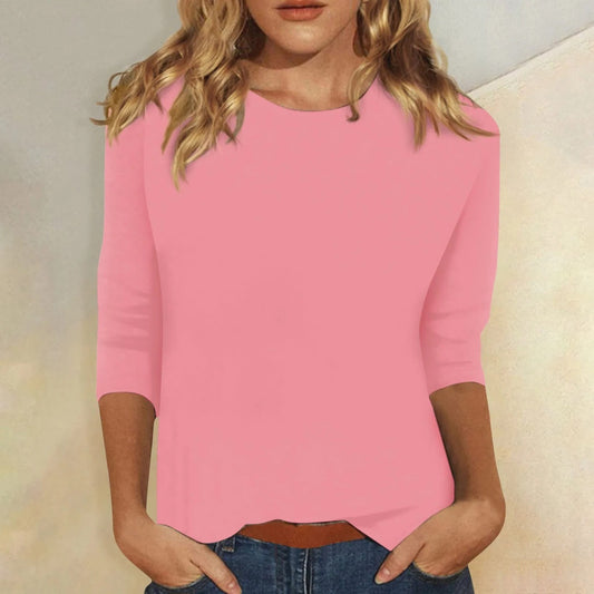 Effortless Pink T Shirt for Women with Crew Neck Elbow Sleeve Casual Style