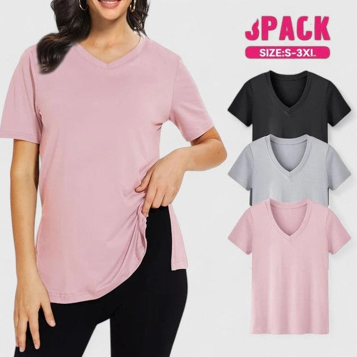 Effortless Pink T Shirt for Women with V Neck Short Sleeve Casual Style
