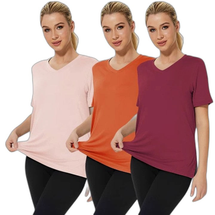 Effortless Pink T Shirt for Women with V Neck Short Sleeve Casual Style