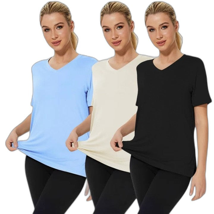 Effortless Pink T Shirt for Women with V Neck Short Sleeve Casual Style