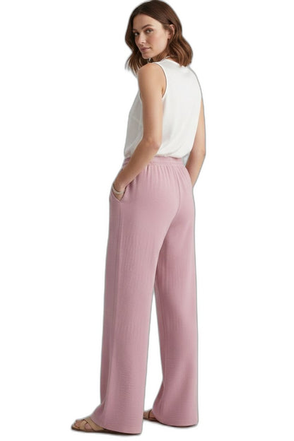Effortless Pink Wide Leg Pants for Women with High Waisted Drawstring Palazzo Pockets Casual Style