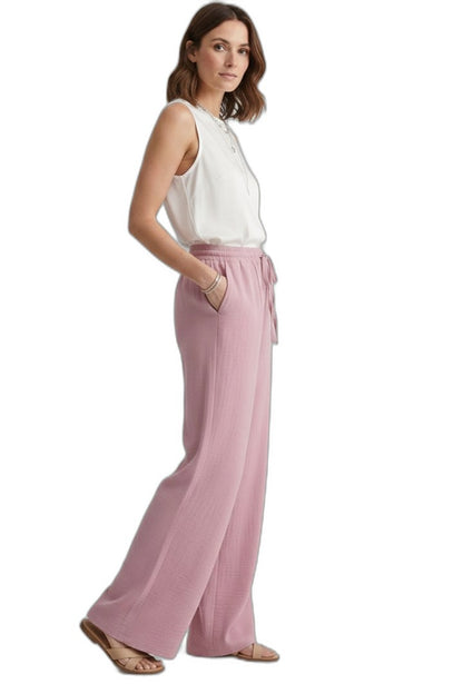 Effortless Pink Wide Leg Pants for Women with High Waisted Drawstring Palazzo Pockets Casual Style
