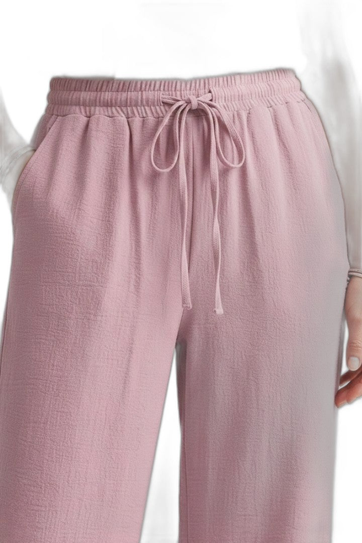 Effortless Pink Wide Leg Pants for Women with High Waisted Drawstring Palazzo Pockets Casual Style