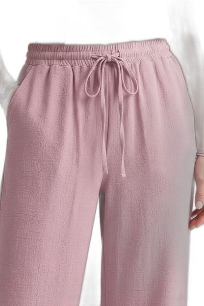 Effortless Pink Wide Leg Pants for Women with High Waisted Drawstring Palazzo Pockets Casual Style