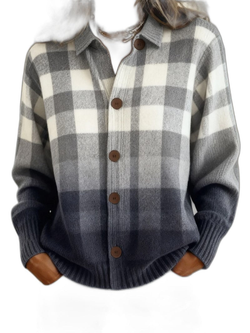 Effortless Plaid Cardigan for Women with Collared Long Sleeve Button Front Pockets Casual Style