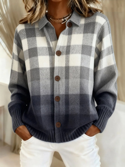 Effortless Plaid Cardigan for Women with Collared Long Sleeve Button Front Pockets Casual Style