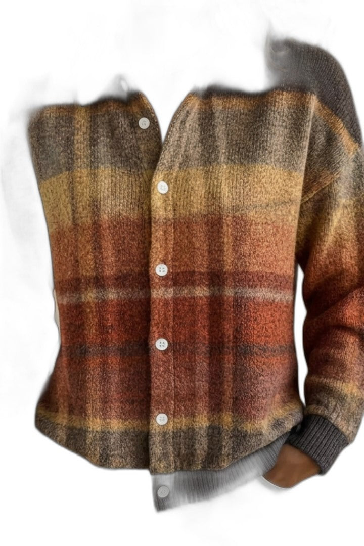 Effortless Plaid Cardigan for Women with Knit Collared Long Sleeve Button Front Pockets Casual Style