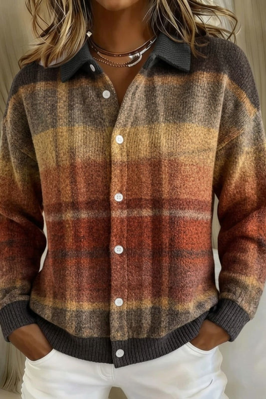 Effortless Plaid Cardigan for Women with Knit Collared Long Sleeve Button Front Pockets Casual Style
