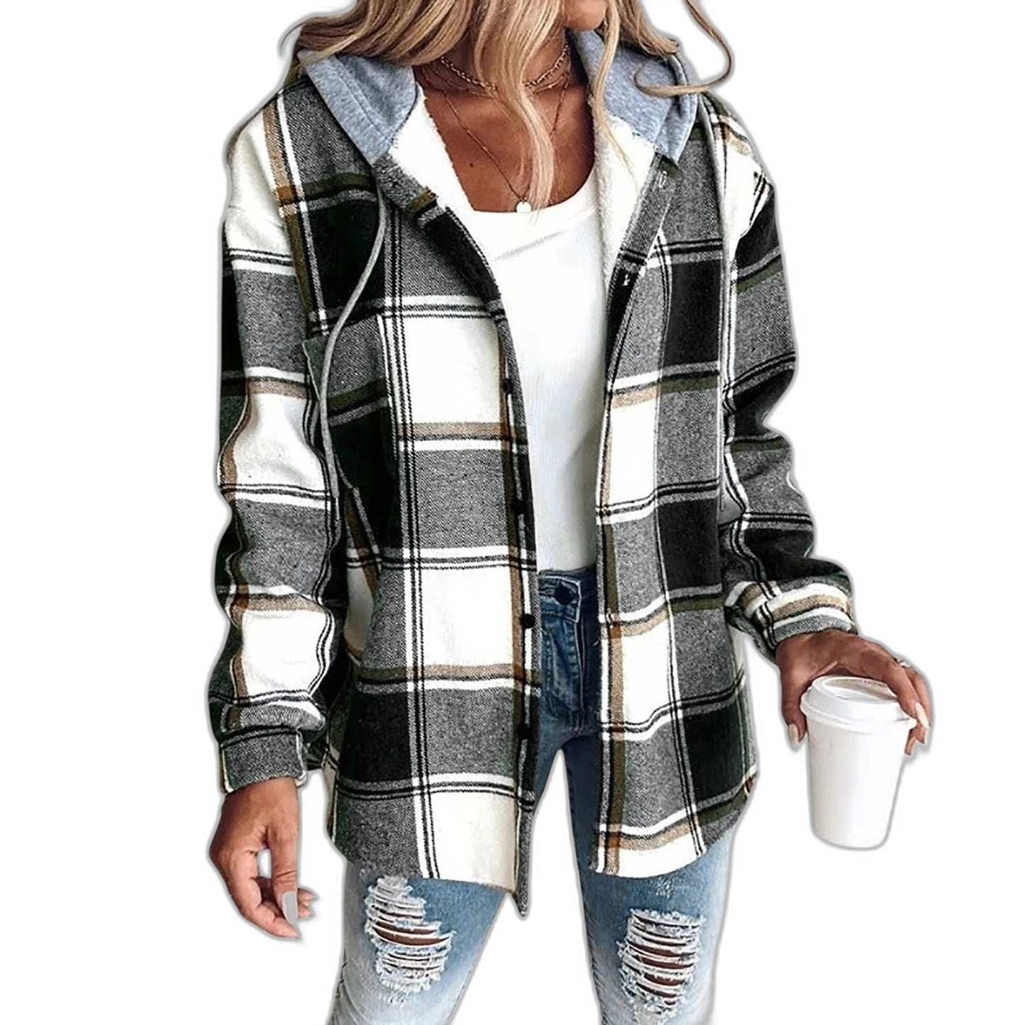 Effortless Plaid Jacket for Women with Collared Long Sleeve Button Front Casual Style