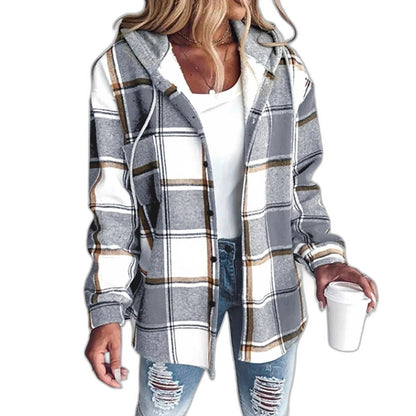 Effortless Plaid Jacket for Women with Collared Long Sleeve Button Front Casual Style
