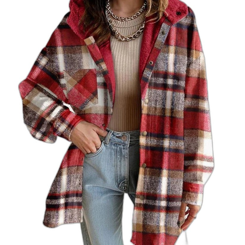 Effortless Plaid Jacket for Women with Collared Long Sleeve Button Front Oversized Pockets Casual Style