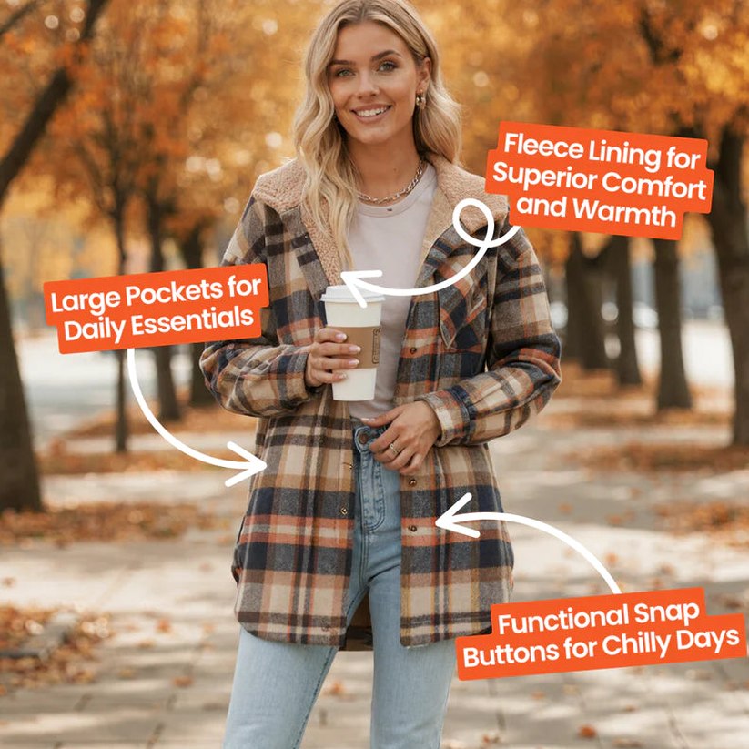 Effortless Plaid Jacket for Women with Collared Long Sleeve Button Front Oversized Pockets Casual Style