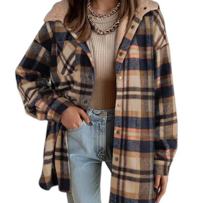 Effortless Plaid Jacket for Women with Collared Long Sleeve Button Front Oversized Pockets Casual Style