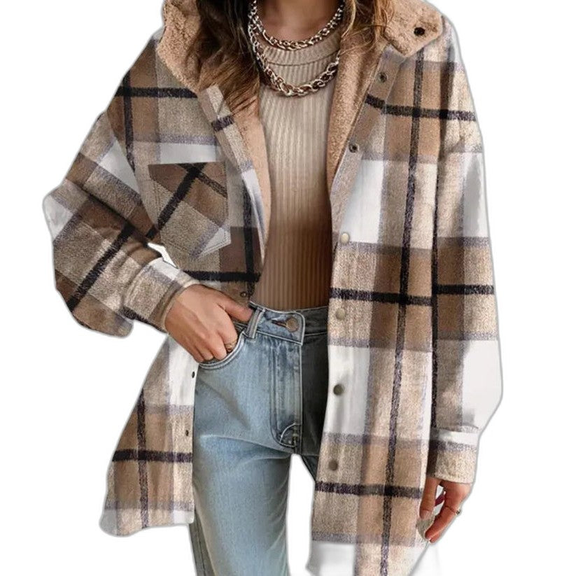 Effortless Plaid Jacket for Women with Collared Long Sleeve Button Front Oversized Pockets Casual Style