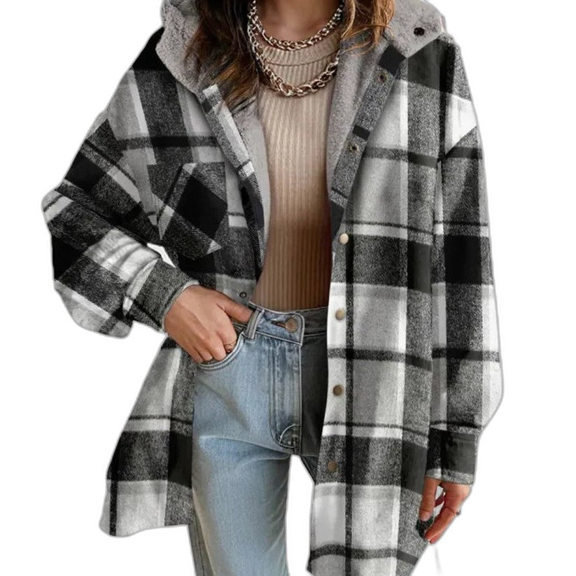 Effortless Plaid Jacket for Women with Collared Long Sleeve Button Front Oversized Pockets Casual Style