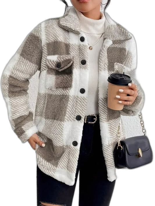 Effortless Plaid Jacket for Women with Collared Long Sleeve Button Front Pockets Casual Style