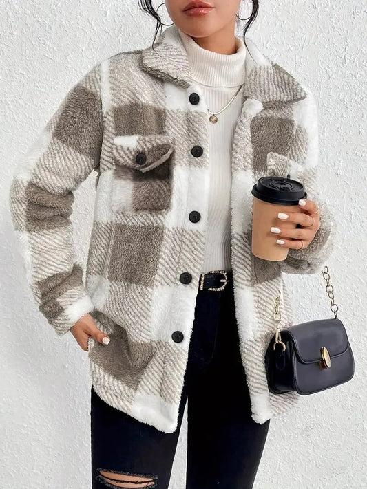 Effortless Plaid Jacket for Women with Collared Long Sleeve Button Front Pockets Casual Style