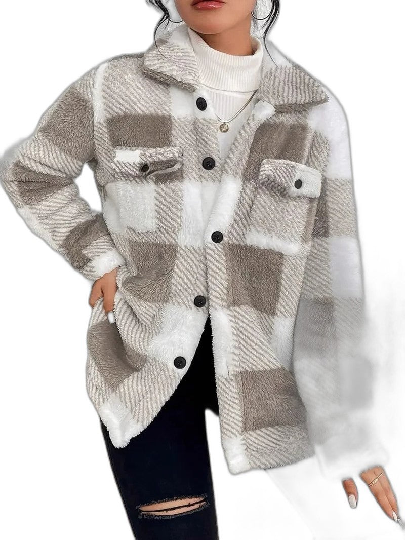 Effortless Plaid Jacket for Women with Collared Long Sleeve Button Front Pockets Casual Style