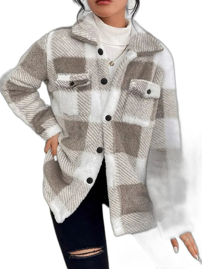Effortless Plaid Jacket for Women with Collared Long Sleeve Button Front Pockets Casual Style