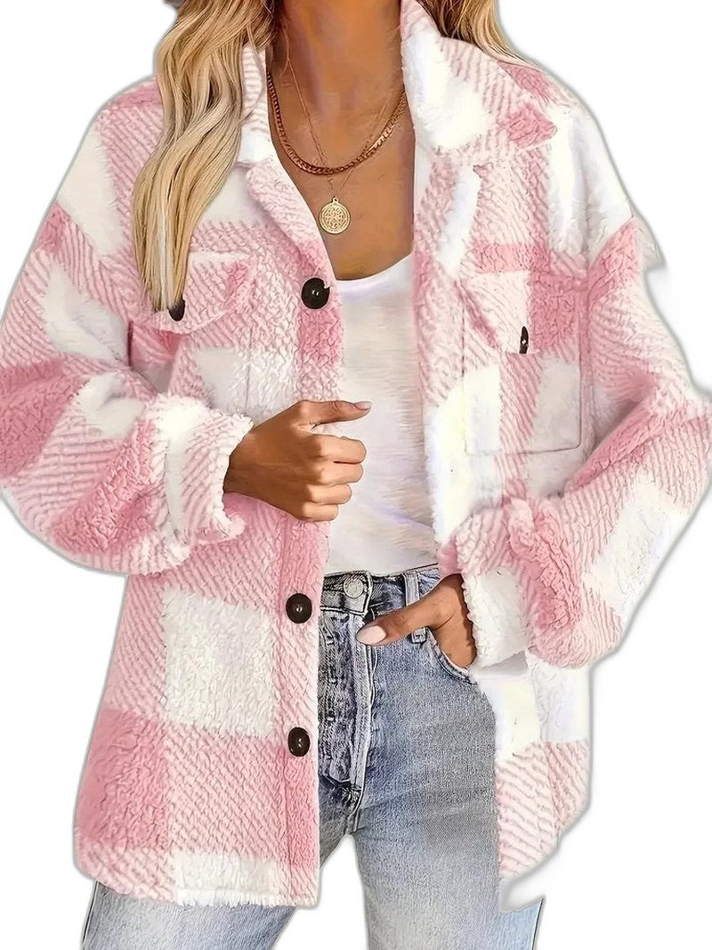 Effortless Plaid Jacket for Women with Collared Long Sleeve Button Front Pockets Casual Style