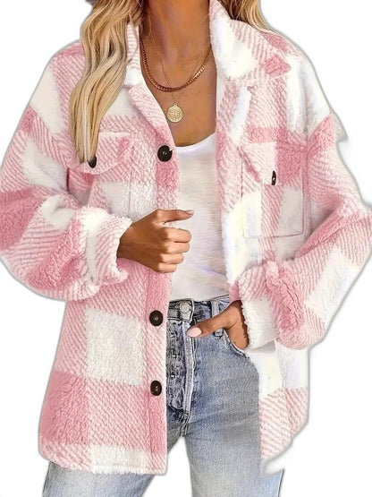 Effortless Plaid Jacket for Women with Collared Long Sleeve Button Front Pockets Casual Style
