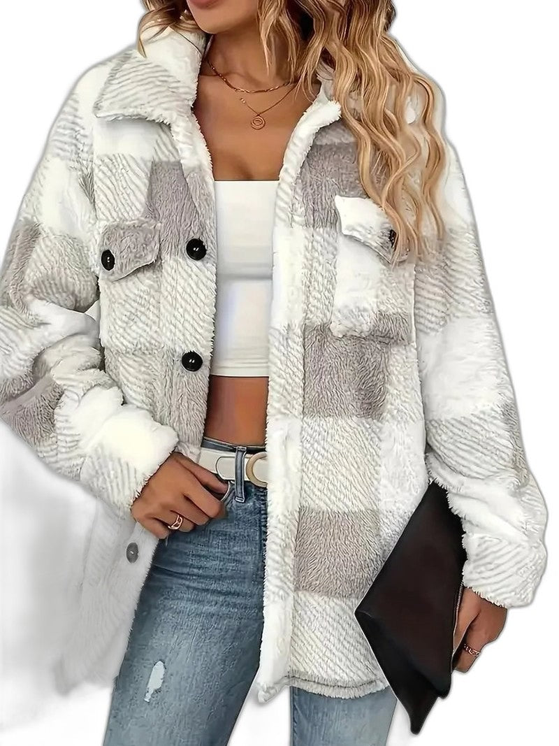 Effortless Plaid Jacket for Women with Collared Long Sleeve Button Front Pockets Casual Style
