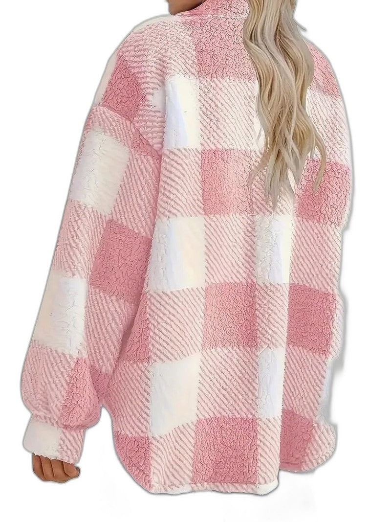 Effortless Plaid Jacket for Women with Collared Long Sleeve Button Front Pockets Casual Style