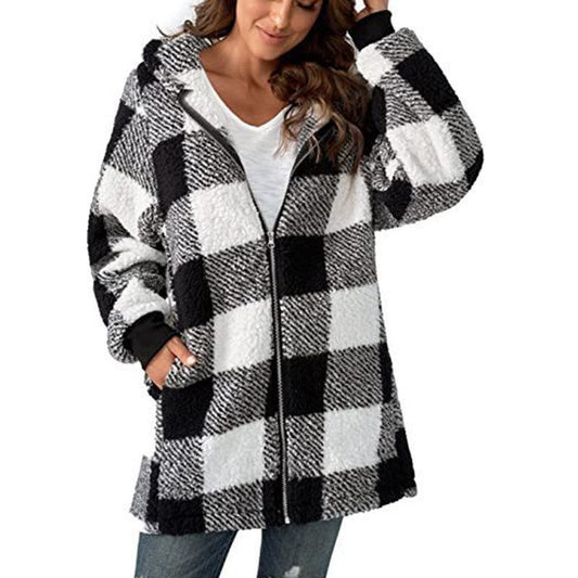 Effortless Plaid Jacket for Women with Long Sleeve Oversized Hooded Casual Style