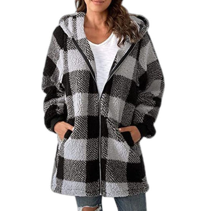 Effortless Plaid Jacket for Women with Long Sleeve Oversized Hooded Casual Style