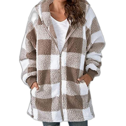 Effortless Plaid Jacket for Women with Long Sleeve Oversized Hooded Casual Style
