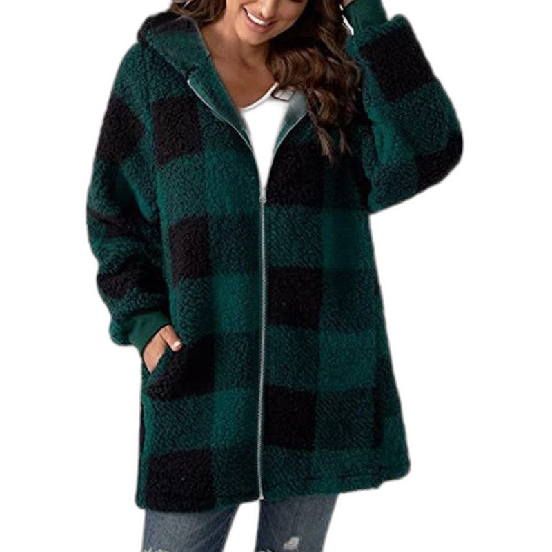Effortless Plaid Jacket for Women with Long Sleeve Oversized Hooded Casual Style
