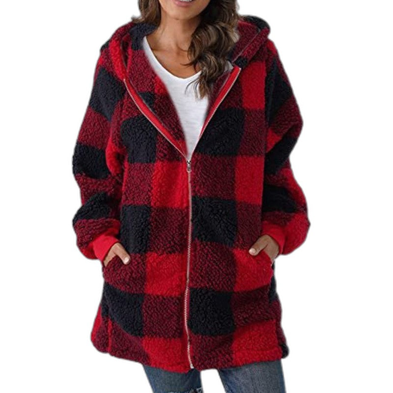 Effortless Plaid Jacket for Women with Long Sleeve Oversized Hooded Casual Style