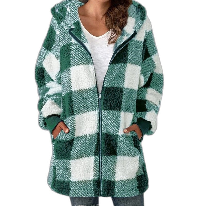 Effortless Plaid Jacket for Women with Long Sleeve Oversized Hooded Casual Style