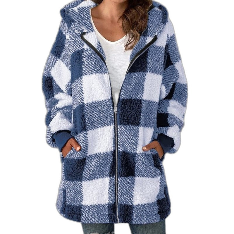 Effortless Plaid Jacket for Women with Long Sleeve Oversized Hooded Casual Style