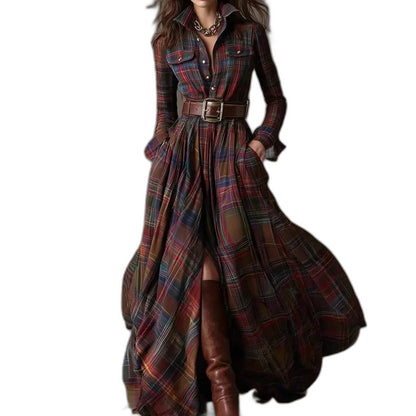 Effortless Plaid Maxi Dress for Women with Collared Long Sleeve Button Front Belted Flowing Casual Style