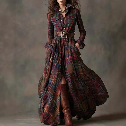 Effortless Plaid Maxi Dress for Women with Collared Long Sleeve Button Front Belted Flowing Casual Style