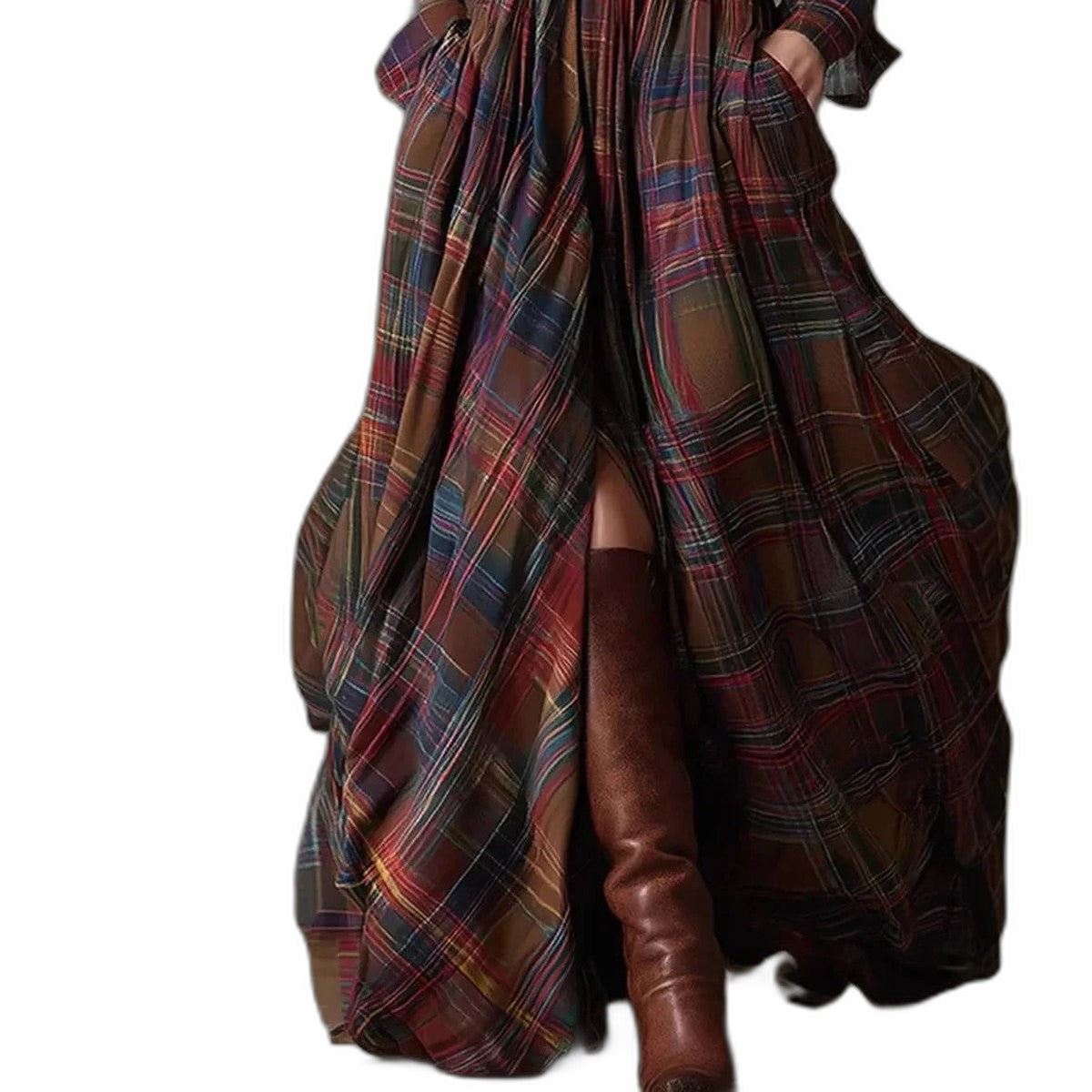 Effortless Plaid Maxi Dress for Women with Collared Long Sleeve Button Front Belted Flowing Casual Style