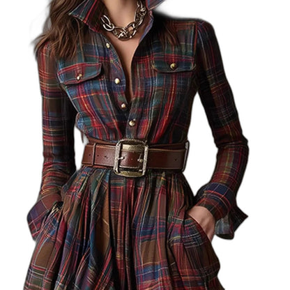 Effortless Plaid Maxi Dress for Women with Collared Long Sleeve Button Front Belted Flowing Casual Style