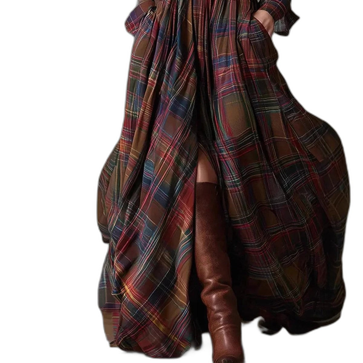 Effortless Plaid Maxi Dress for Women with Collared Long Sleeve Button Front Belted Flowing Casual Style