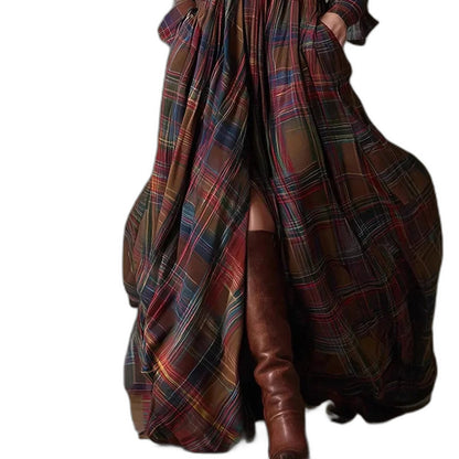 Effortless Plaid Maxi Dress for Women with Collared Long Sleeve Button Front Belted Flowing Casual Style