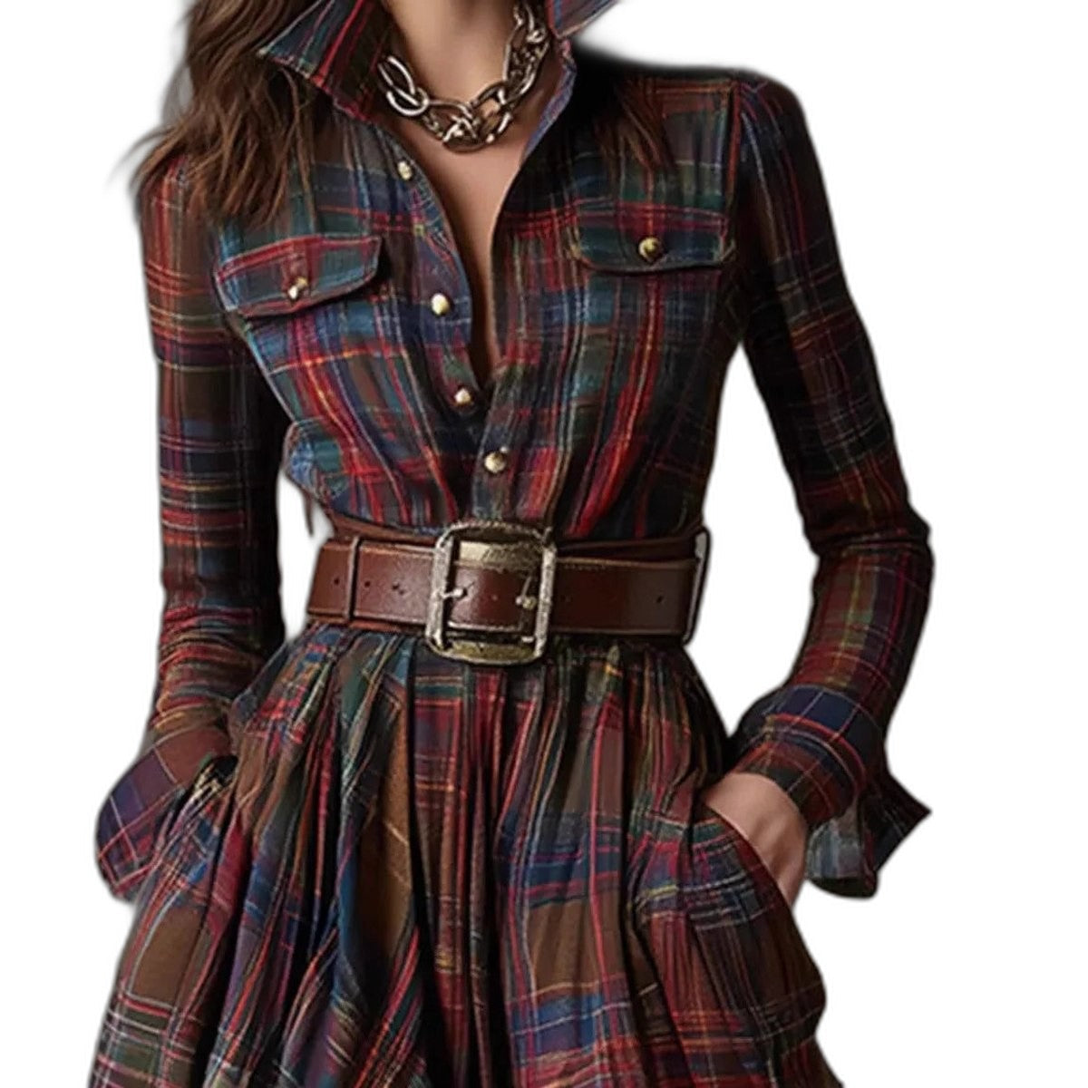 Effortless Plaid Maxi Dress for Women with Collared Long Sleeve Button Front Belted Flowing Casual Style