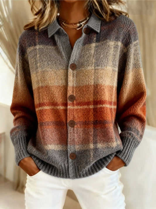 Effortless Plaid Shirt for Women with Knit Collared Long Sleeve Button Front Casual Style