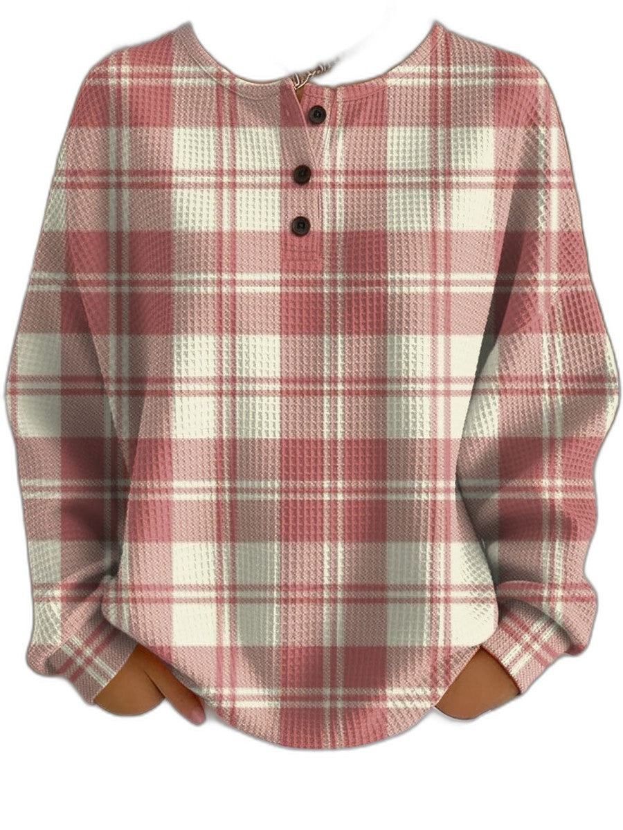 Effortless Plaid Shirt for Women with Knit Collared Long Sleeve Button Front Casual Style