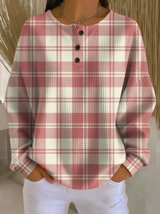 Effortless Plaid Shirt for Women with Knit Collared Long Sleeve Button Front Casual Style