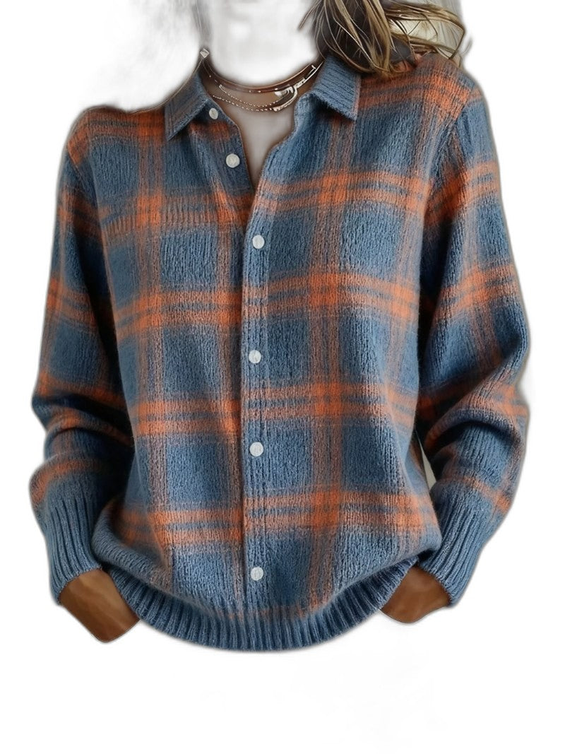 Effortless Plaid Shirt for Women with Knit Collared Long Sleeve Button Front Casual Style