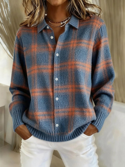 Effortless Plaid Shirt for Women with Knit Collared Long Sleeve Button Front Casual Style